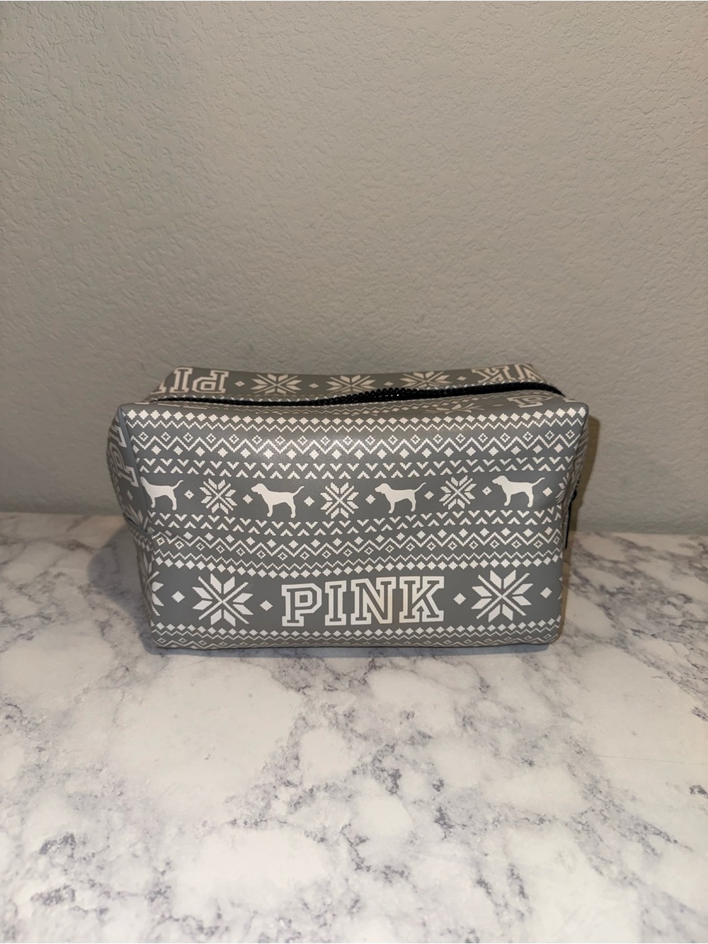 PINK Victoria's Secret Gray and White Fair Winter  Cosmetic Pouch